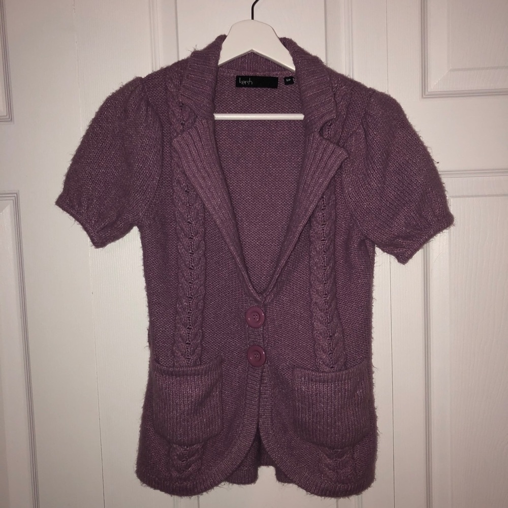 💜 S 💜 Cardigan Sweater Buttons Cable Knit Lapels Pockets Short Sleeve​